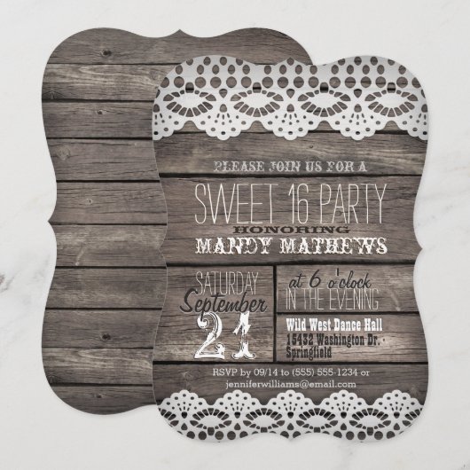 White Lace op Rustic Brown Wood Sweet 16 Party Kaart (Voorkant / Achterkant)