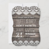 White Lace op Rustic Brown Wood Sweet 16 Party Kaart (Voorkant)