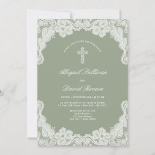 White Lace op Sage Green Wedding Invitation Kaart