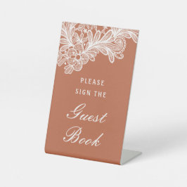 White Lace op Terracotta Guest Book Reclamebord Met Voetstuk