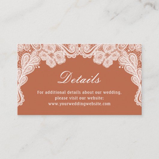 White Lace op Terracotta Wedding Details Website Informatiekaartje (Voorkant)
