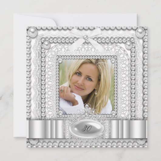 White Lace Pearl Foto Birthday Party Kaart (Voorkant)