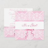 White Lace Pink Satin Het is een meisje Baby showe Kaart (Voorkant / Achterkant)