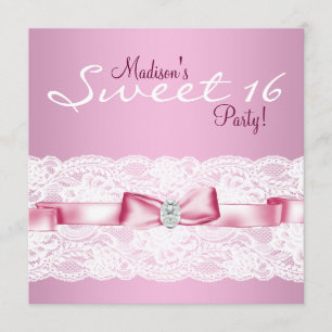 White Lace Pink Sweet Sixteen Birthday Party Kaart