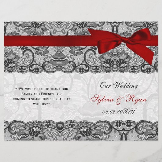 White lace, red ribbon book vouwprogramma Wedding (Voorkant)