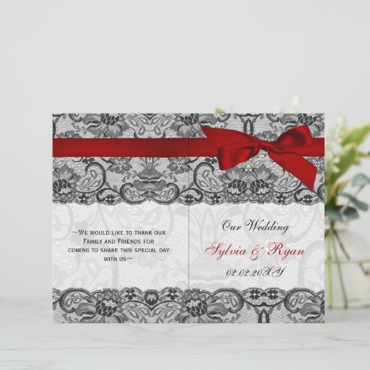 White lace, red ribbon book vouwprogramma Wedding (Staand voorkant)