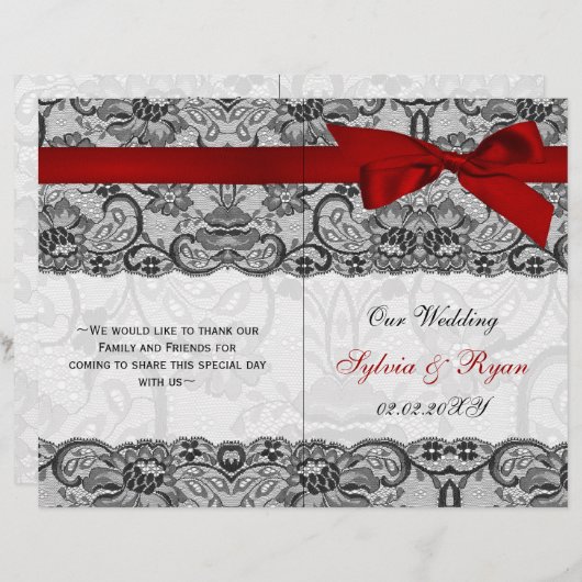 White lace, red ribbon book vouwprogramma Wedding (Voorkant / Achterkant)