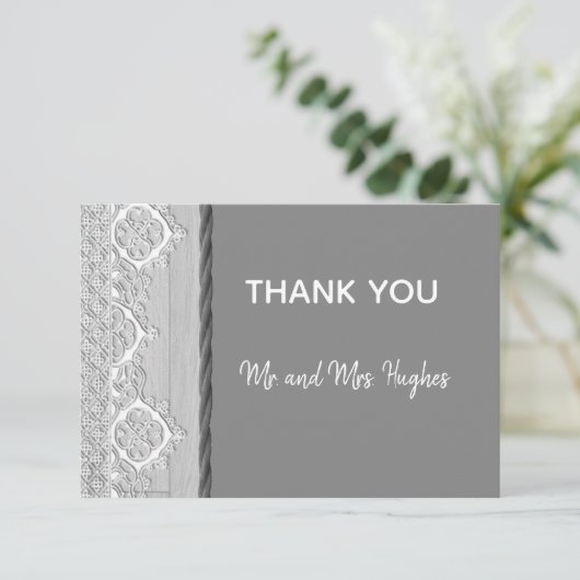 White lace romantic Grey bruiloft Bedankkaart (Staand voorkant)