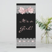 White Lace Roze en Zwarte Baby Meisje Douche Kaart (Staand voorkant)