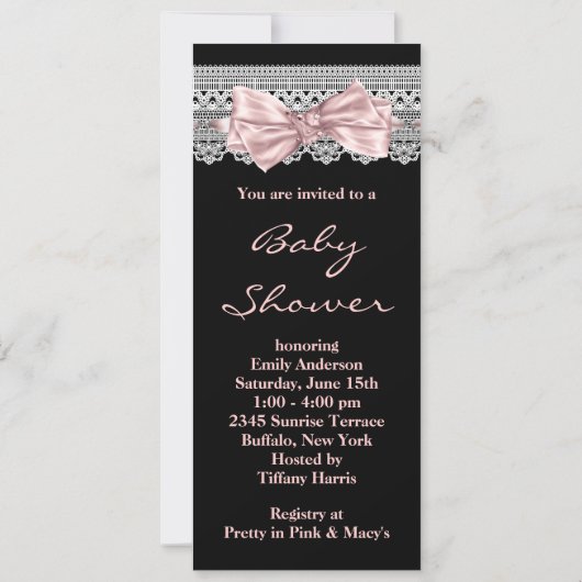White Lace Roze en Zwarte Baby Meisje Douche Kaart (Achterkant)