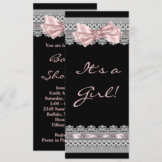 White Lace Roze en Zwarte Baby Meisje Douche Kaart (Voorkant / Achterkant)