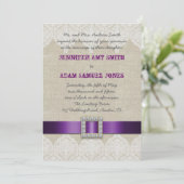 White Lace Rustic Wedding | Paarse linnenlint Kaart (Staand voorkant)