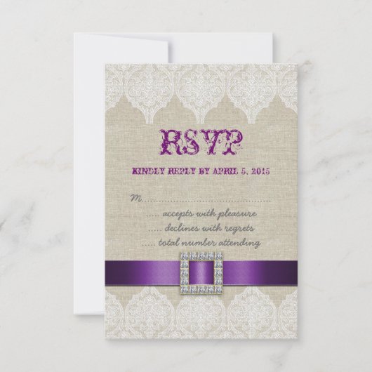 White Lace Rustic Wedding RSVP Paarse Linen (Voorkant)