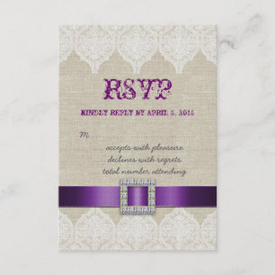 White Lace Rustic Wedding RSVP Paarse Linen Kaartje