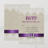 White Lace Rustic Wedding RSVP Paarse Linen Kaartje (Voorkant / Achterkant)