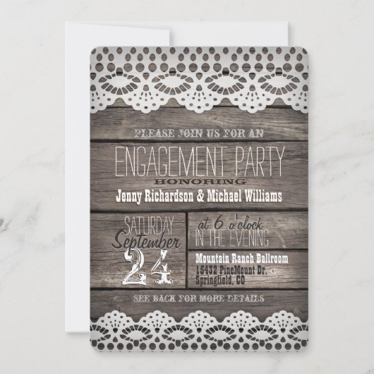 White Lace & Rustic Wood Engagement Party Kaart (Voorkant)