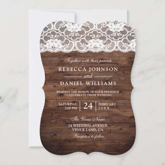  White Lace Rustic Wood Wedding Uitnodiging (Voorkant)