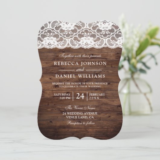  White Lace Rustic Wood Wedding Uitnodiging (Staand voorkant)