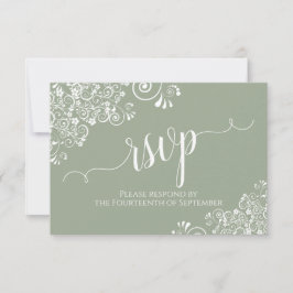 White Lace Sage Green Elegant Calligraphy Wedding RSVP Kaartje