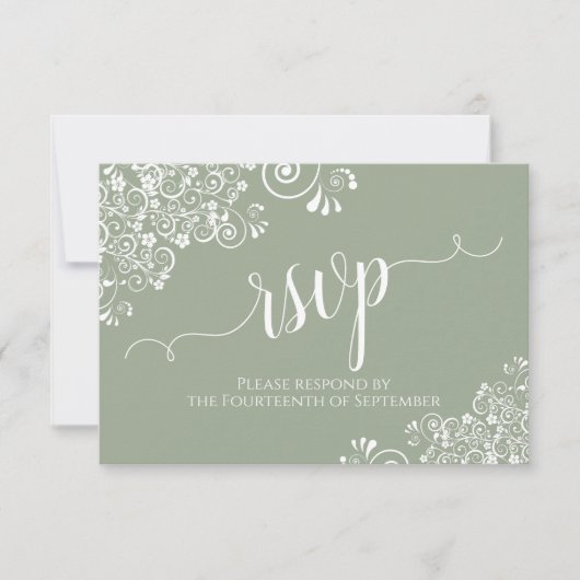 White Lace Sage Green Elegant Calligraphy Wedding RSVP Kaartje (Voorkant)