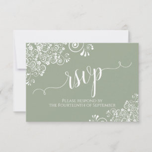 White Lace Sage Green Elegant Calligraphy Wedding RSVP Kaartje