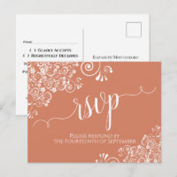 White Lace Script op Terracotta Coral Wedding RSVP