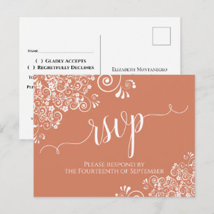 White Lace Script op Terracotta Coral Wedding RSVP Briefkaart