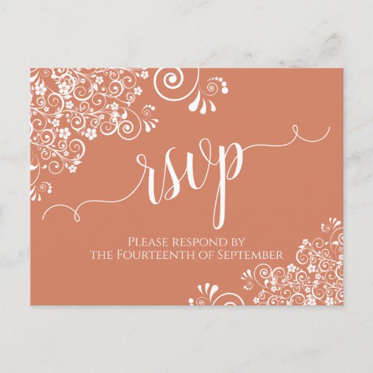 White Lace Script op Terracotta Coral Wedding RSVP Briefkaart (Voorkant)