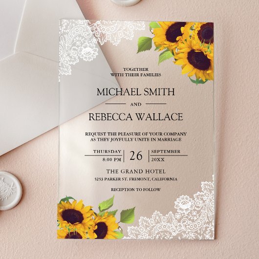 White Lace Sunflowers Wedding Acryl Uitnodigingen