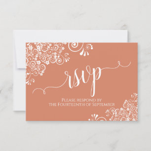 White Lace Terracotta Coral Elegant Script Wedding RSVP Kaartje