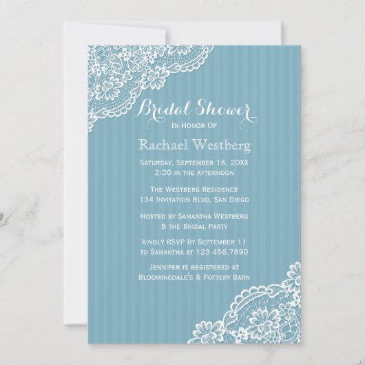 White Lace Vrijgezellenfeest Blue Stripes Wedding Kaart (Voorkant)