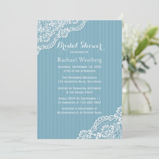 White Lace Vrijgezellenfeest Blue Stripes Wedding Kaart (Staand voorkant)