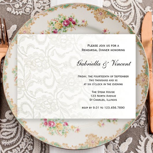 White Lace Wedding Rehearsal Dinner Invitation Kaart