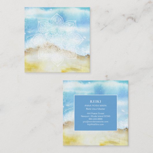 ** White Lacey Mandala Beach Ocean Zee Waterverf Vierkante Visitekaartje (Voorkant / Achterkant)
