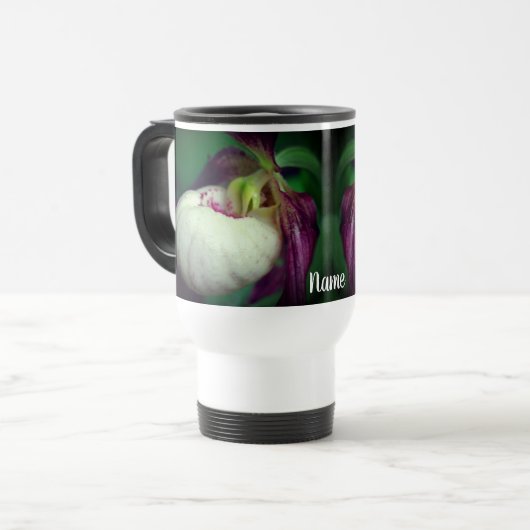 White Lady Slipper Flower, speciaal gepersonalisee Reisbeker (Voorkant links)