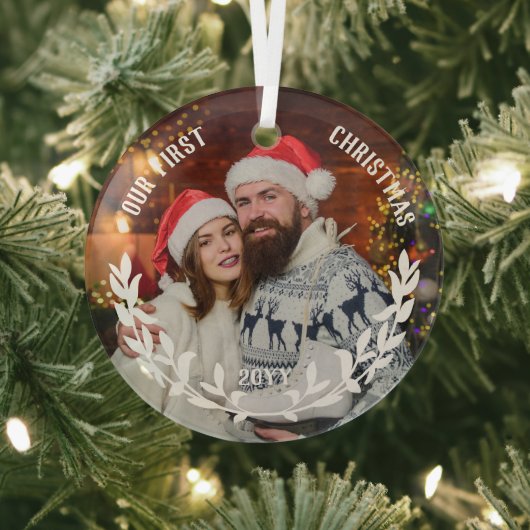 White Laurel Half Wreath Our 1st Christmas Photo Glas Ornament (Insitu)