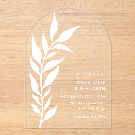White Leaf Arch Modern Huwelijk Acryl Acryl Uitnodigingen (Voorkant)