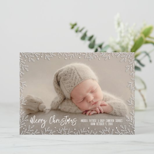 White Leaf Border Kerstfoto Feestdagenkaart (Staand voorkant)
