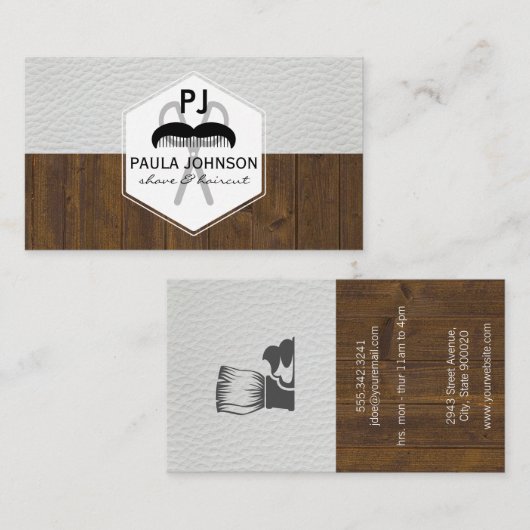 White Leather Wood Variation Barber Monogram Visitekaartje (Voorkant / Achterkant)