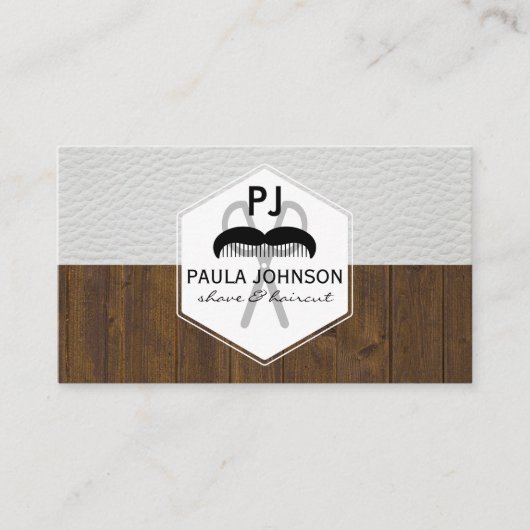 White Leather Wood Variation Barber Monogram Visitekaartje (Voorkant)