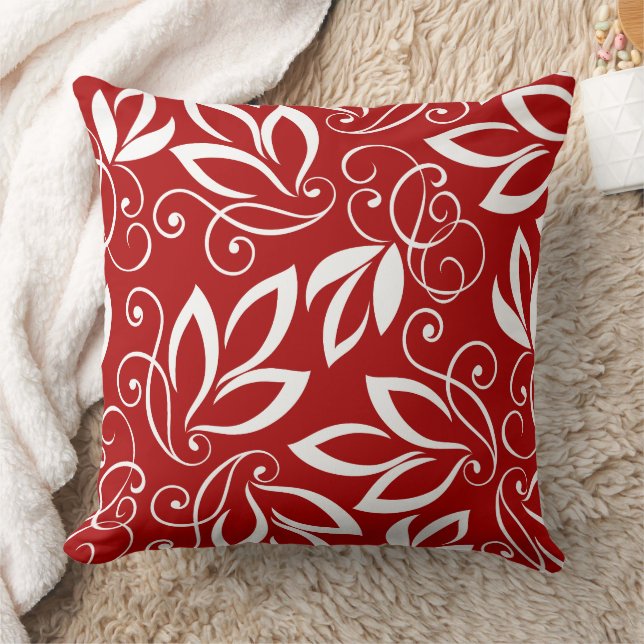 White Leaves Art Pattern op Red Background Kussen (Deken)