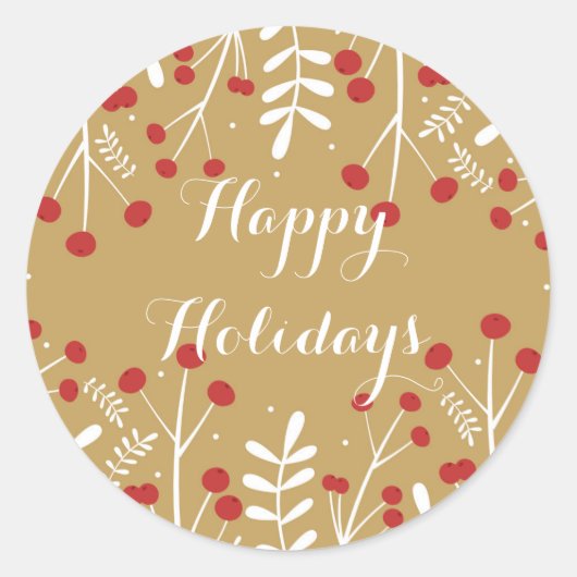 White Leaves & Berries Gold Holiday Favor Ronde Sticker (Voorkant)