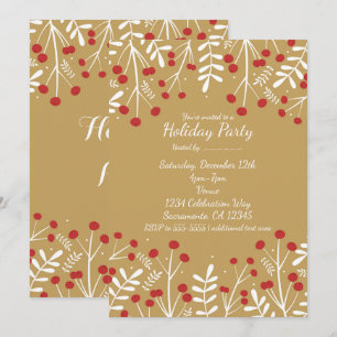 White Leaves & Berries Gold Holiday Invitations Kaart