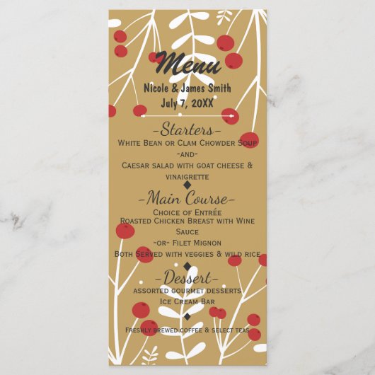 White Leaves & Berries Gold Holiday-kerstmenu Menu (Voorkant)