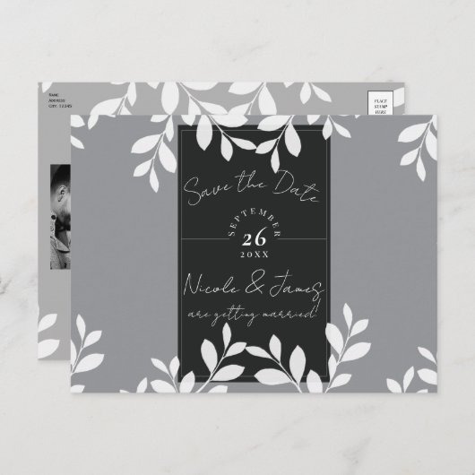 White Leaves Modern Botanical Bewaar de Datum Aankondigingskaart (Voorkant / Achterkant)