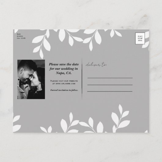 White Leaves Modern Botanical Bewaar de Datum Aankondigingskaart (Achterkant)