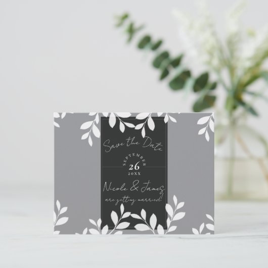 White Leaves Modern Botanical Bewaar de Datum Aankondigingskaart (Staand voorkant)