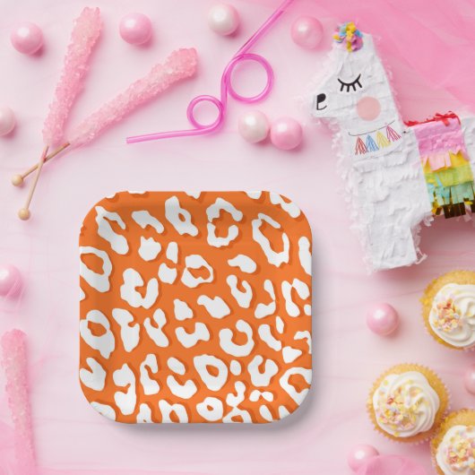 White Leopard Print Oranje Papieren Bordje (Feest)