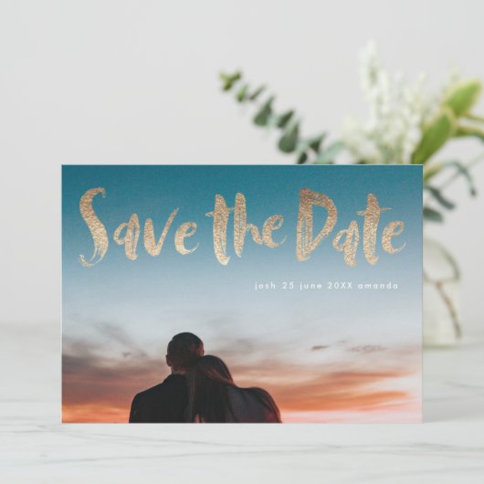 White Lettering Gold Foil Script Save the Date (Staand voorkant)