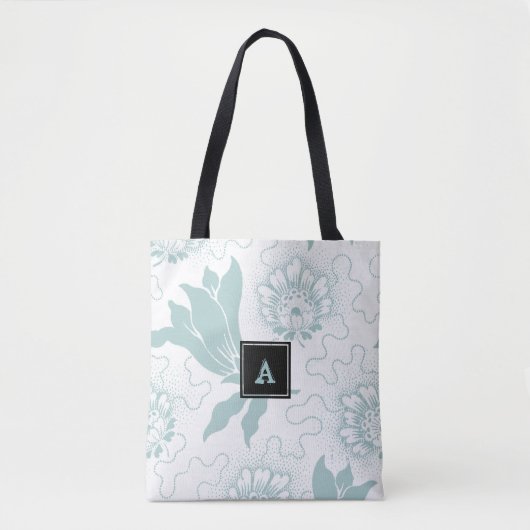 White Light Blauwgroen  Floral Monogram Tote Bag (Voorkant)